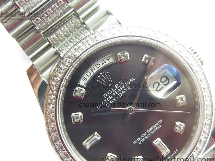 MiroTime 0309 SmoothTexture Day-Date 36mm 128239 SS Crystal BP Best Edition Black MOP Crystal Marker Dial on SS President Bracelet A 2681